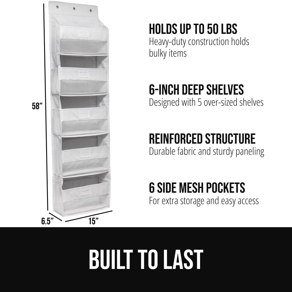 GORILLA GRIP Large Capacity Closet Organizer, 5 Deep Shelves, Holds 50lbs, Over the Door Organizers 6 Mesh Pockets, Shelf Storage for Clothes Crafts Dorm Essentials, 3 Metal Hooks, 58x15 Inches, White