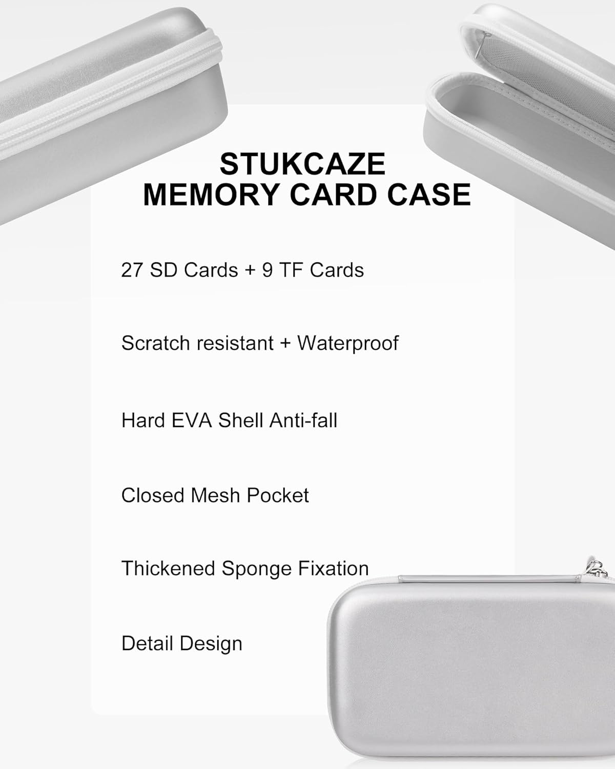 Stukkaze Memory Card Case - Water-Resistant & Anti-Shock 36 Slot Holder, 27 Micro SD & 9 SD/SDHC/SDXC Cards Organizer for Camera - Silver