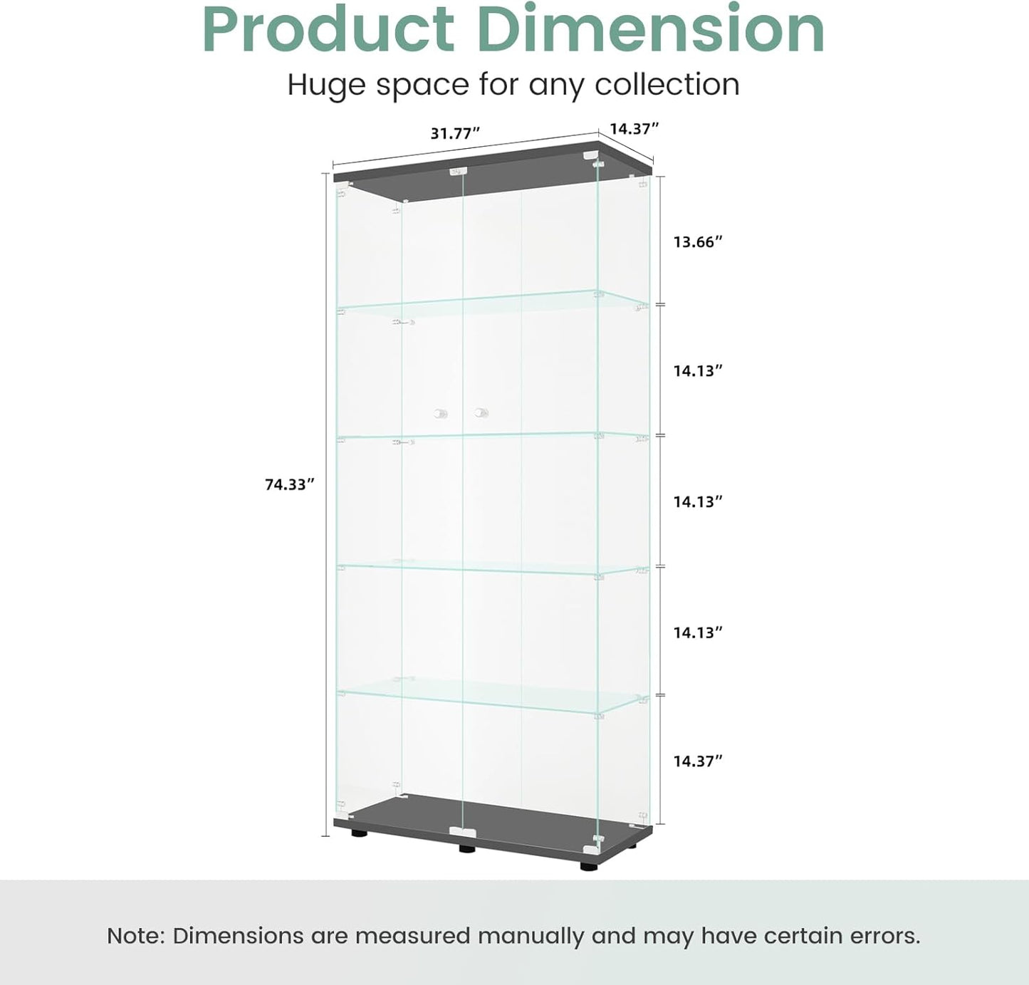 Beauty4U Glass Display Cabinet with 5 Shelves Double Door, Curio Cabinets for Living Room, Bedroom, Office, Black Floor Standing Glass Bookshelf, Quick Installation