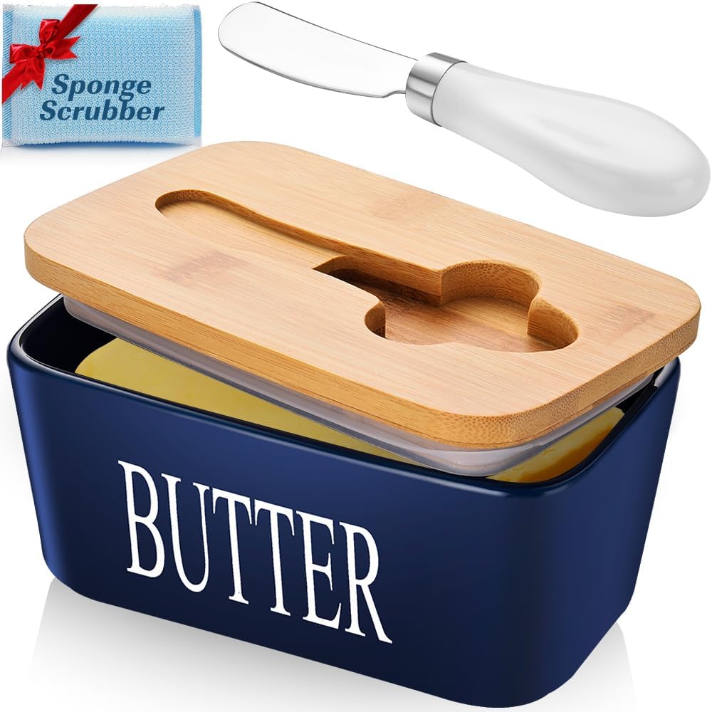 Butter Dish with Lid: Large Butter Container for Countertop - Ceramic Butter Holder for Counter - Butter Tray Butter Keeper with Knife and Sponge Scrubber - Perfect for 2 Sticks of Butter Blue