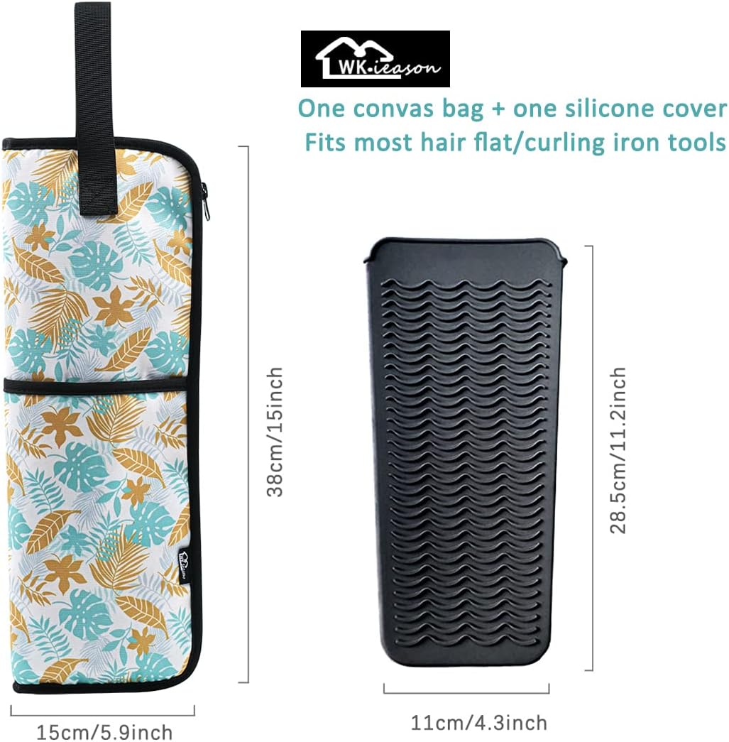 2 Pieces Hair Flat Iron Case Holder Canvas Bag Heat Resistant Curling Iron Silicone Straightener Holder Mat for Hair Tools Curling Iron Organizer Bag (Floral print)