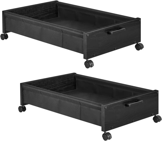 Under Bed Storage with Wheels, Wooden Under Bed Drawers On Wheels, Rolling Under Bed Shoe Storage, Space Saving, Black,30L
