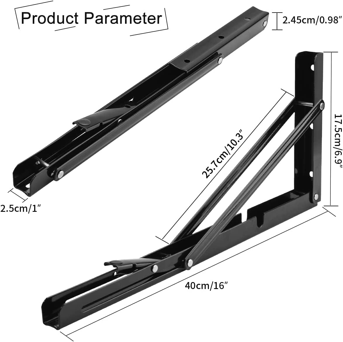 YUMORE 16 Inch Folding Shelf Brackets, Heavy Duty Collapsible Shelf Bracket, Black DIY L Bracket for Workbench Folding Table Hinge, Max Load: 330lb, Pack of 2