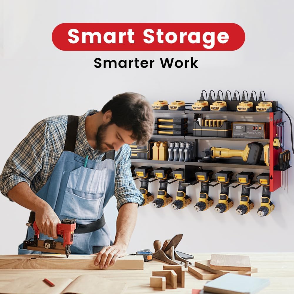 4 Layers Power Tool Organizer Wall Mount with Power Strip, Heavy Duty Metal Tool Shelf, 400lbs Capacity for Cordless Drills, Batteries & Garage Storage (4 Slots with 2 Outlets Power Strip)