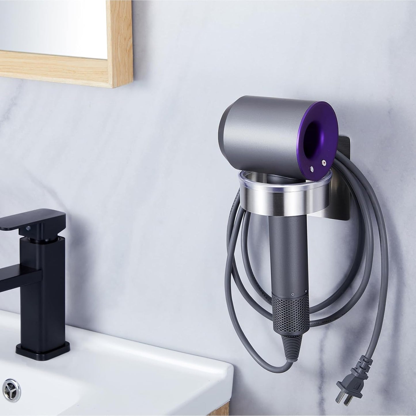 Blow Dryer Holder Wall Mounted, Hair Dryer Holder Stand Adhesive, Bathroom Hair Tool Organizer, Hairdryer Holder Compatible with Most Dryers (Silver)