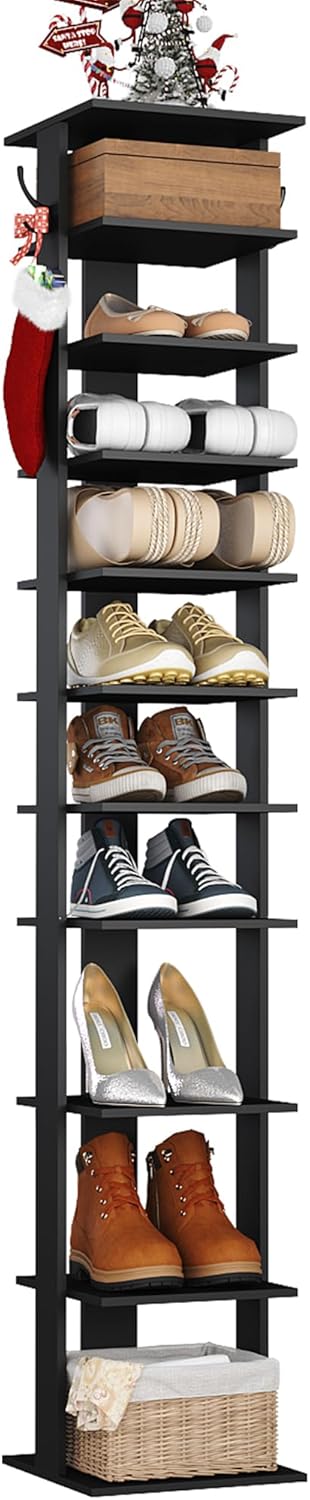 HOMEFORT 10-Tier Vertical Shoe Rack, Corner Shoe Tower, Slim Shoe Organizer with Two Hanging Hooks, Wooden Shoe Storage Stand for Entryway, Hallway, Closet (Black)