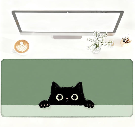 Cute Black Cat Large Mouse Pad – Extended Desk Mat 35.43 x 15.75 in – Kawaii Kitty Peeking Over Edge, Green Background, Non-Slip Rubber Base, Waterproof Keyboard & Mouse Pad for Office or Gaming