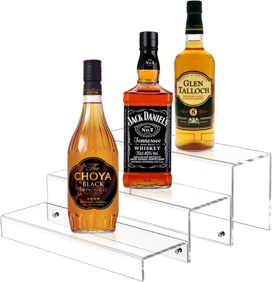 2 Pack Tiers Bar Shelves for Liquor Bottles, 15" Clear Acrylic Risers Display Racks Stands for Figures Pops Cupcake Perfume Collections (Clear)