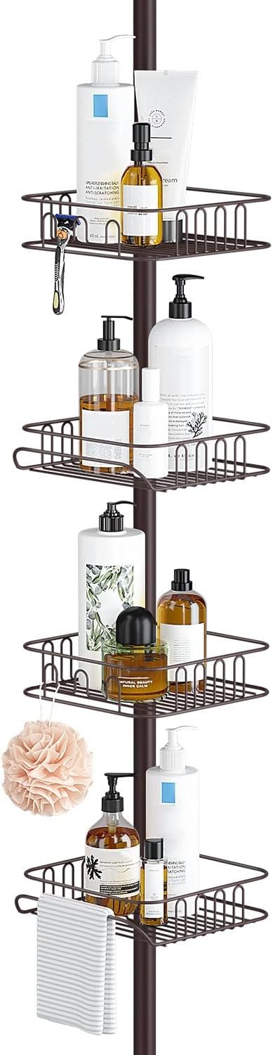 SEIRIONE Rustproof Shower Caddy Corner and Shower Organizer Corner for Bathroom,Corner Shower Caddy Tension Pole with 4 Adjustable Baskets for Shower Accessories, 34 to 116 Inch Height, Oil Bronze