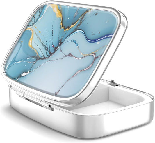 Pill Box 2 Compartment Medicine Pill Case,Portable for Pocket or Purse Pill Box Decorative Metal Medicine Vitamin Organizer Unique Gift（Bule Marble）