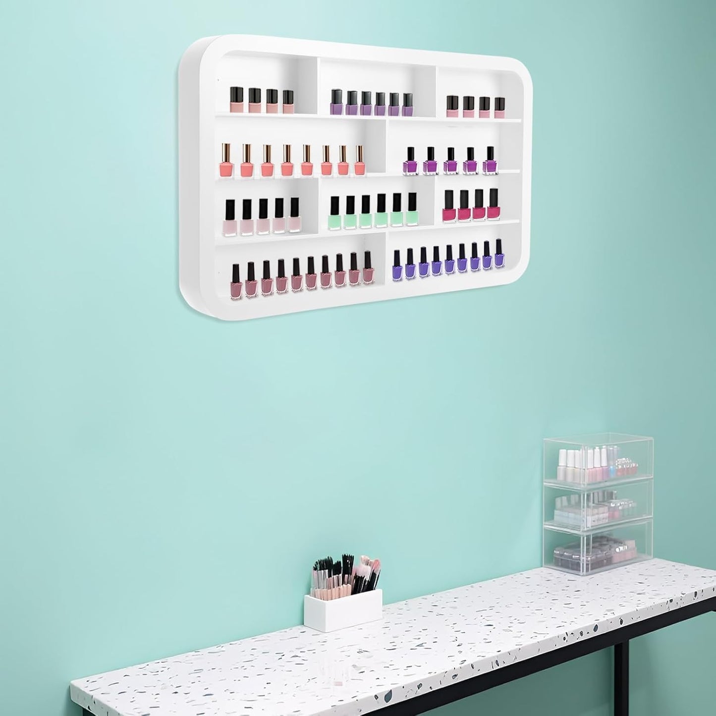 Wall Mounted Nail Polish Racks 4 Tier Hanging Nail Polish Storage Holder Cosmetic Display Stand Nail Polish Shelf Organizer for Home Salon Business Spa