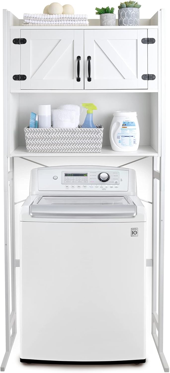 Over The Washer or Over The Toilet Storage Cabinet w/Height Adjustable Shelf Laundry Room/Bathroom Organizer Rack, 2-Door Freestanding Rack Space Saver, White