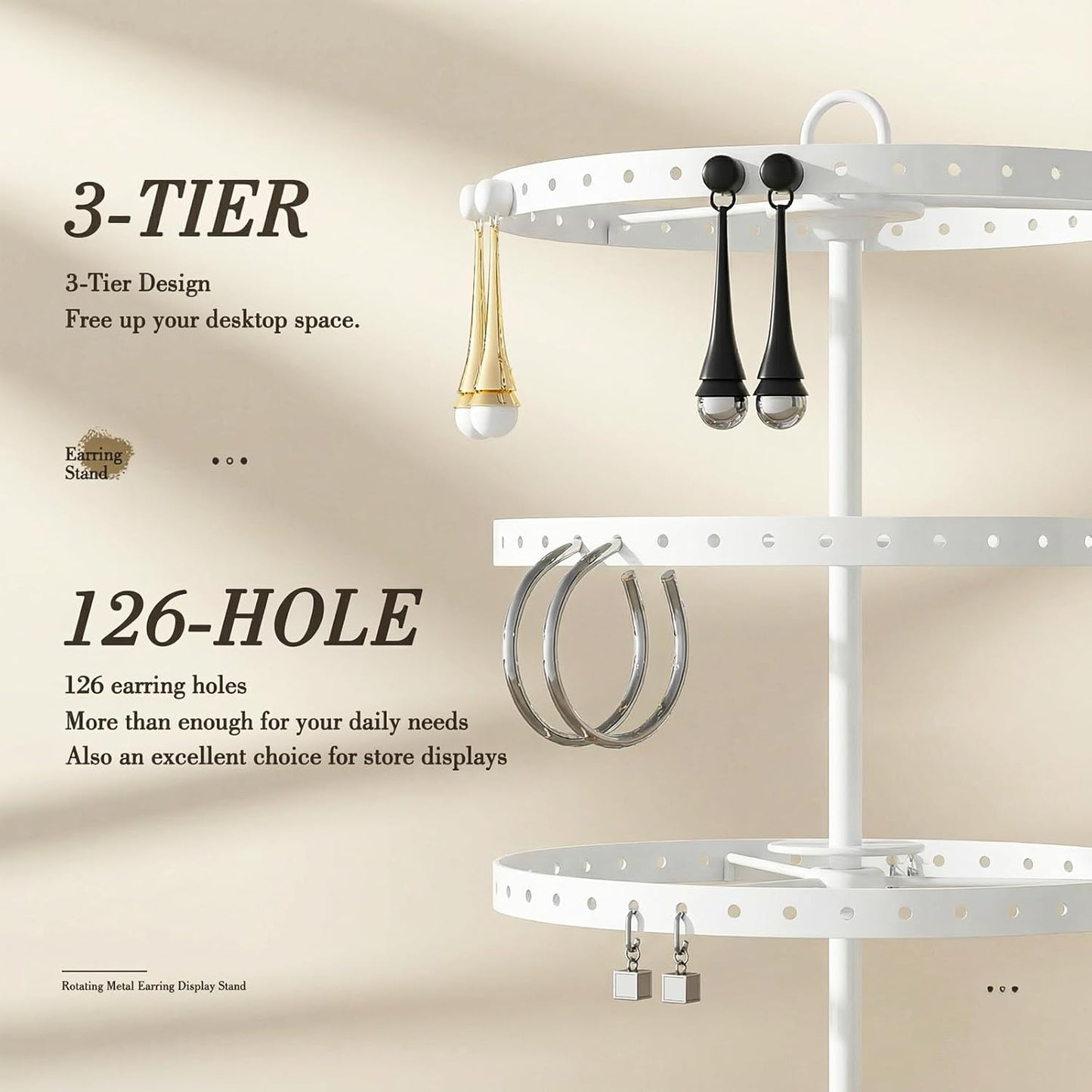 3 Tiers Metal Rotating Earring Holder Organizer Stand Adjustable Display Tree, 126 Holes Large Carousel Rack for Stud Hoop Pierced Dangling Women Girls, Perfect View for All Earrings (White)