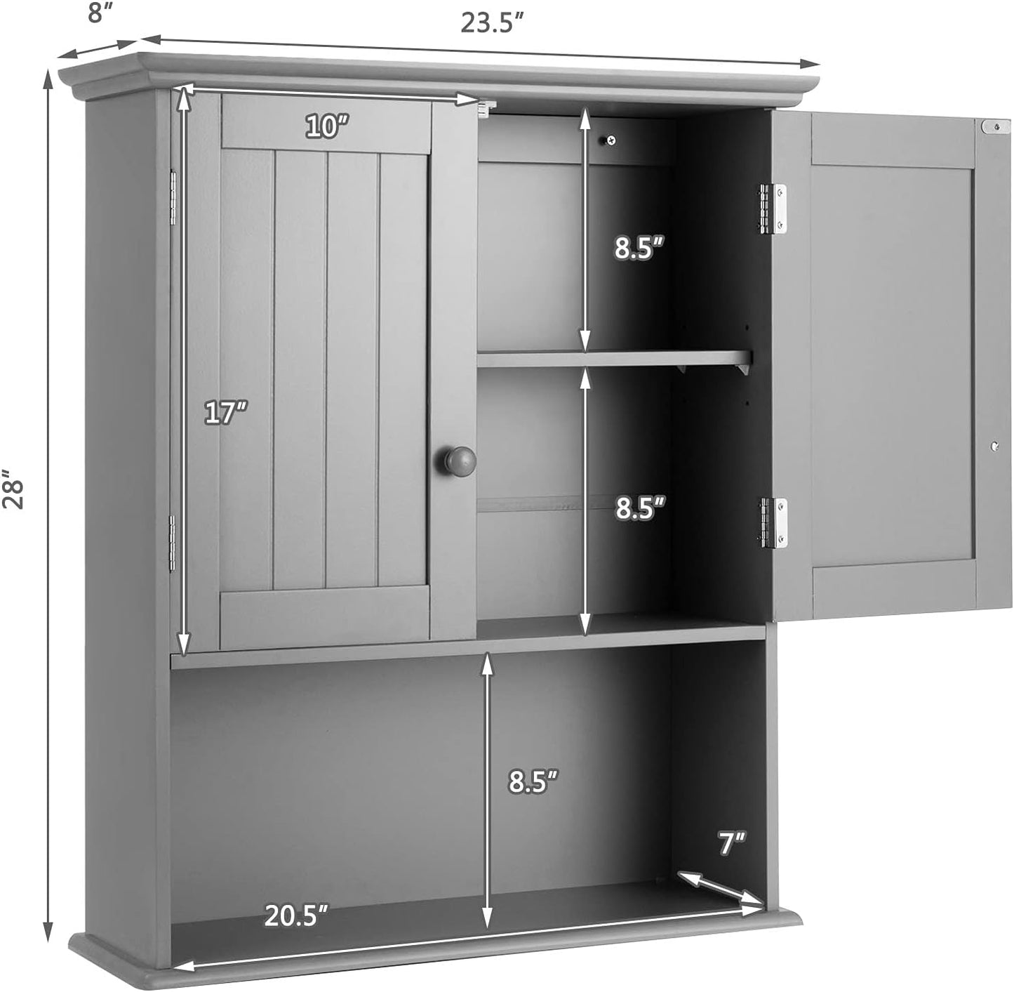Tangkula Wall Mount Bathroom Cabinet Wooden Medicine Cabinet Storage Organizer with 2-Doors and 1-Shelf Cottage Collection Wall Cabinet (Grey)