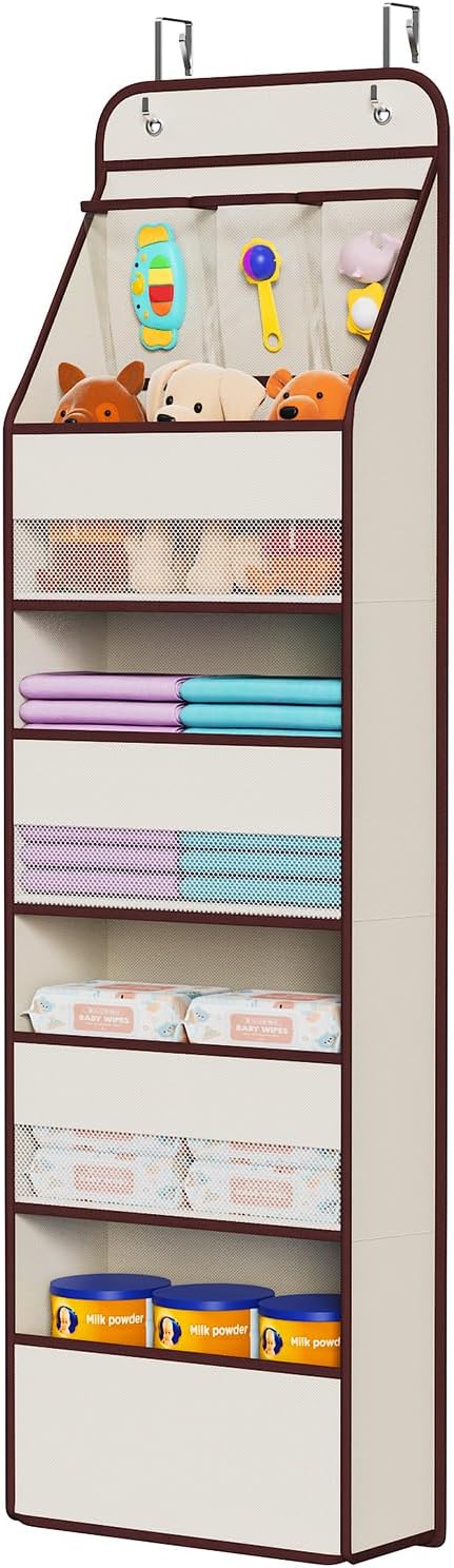 Univivi 5-Shelf Fabric Door Storage Over Door Hanging Organizer with 4 Large Pockets and 3 Small PVC Pockets Nursery Closet Cabinet Wall Mount Hanging Storage Organizers for Baby Nursery (Beige)