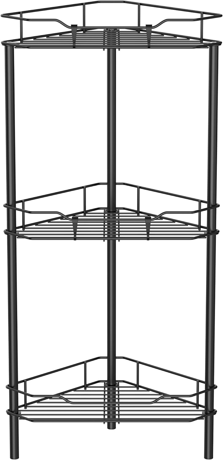 3 Tier Floor Standing Corner Shower Caddy Organizer Shelf with Hooks, Bathroom Shelves Stand Rack, Black