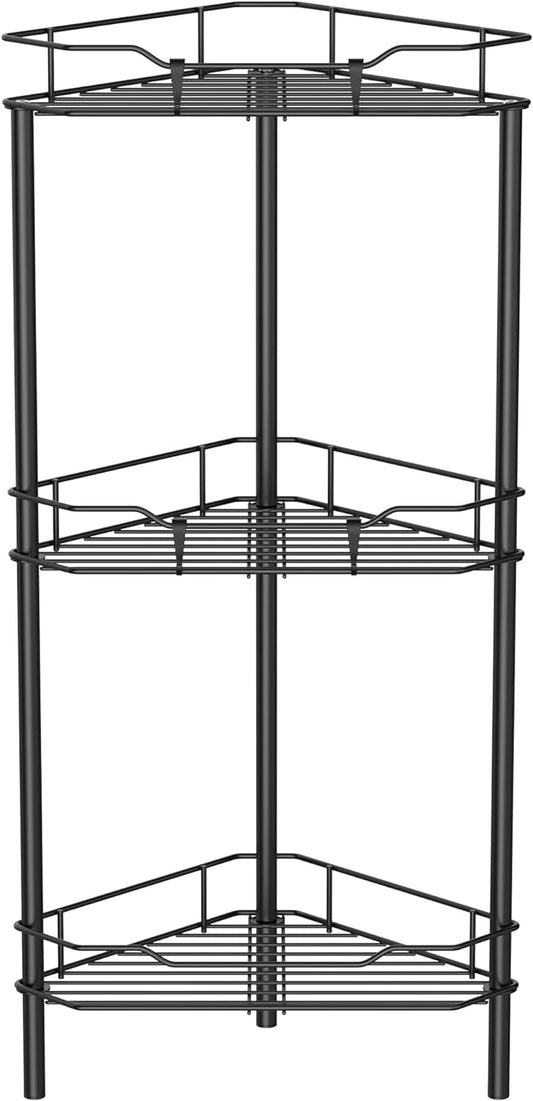 3 Tier Floor Standing Corner Shower Caddy Organizer Shelf with Hooks, Bathroom Shelves Stand Rack, Black