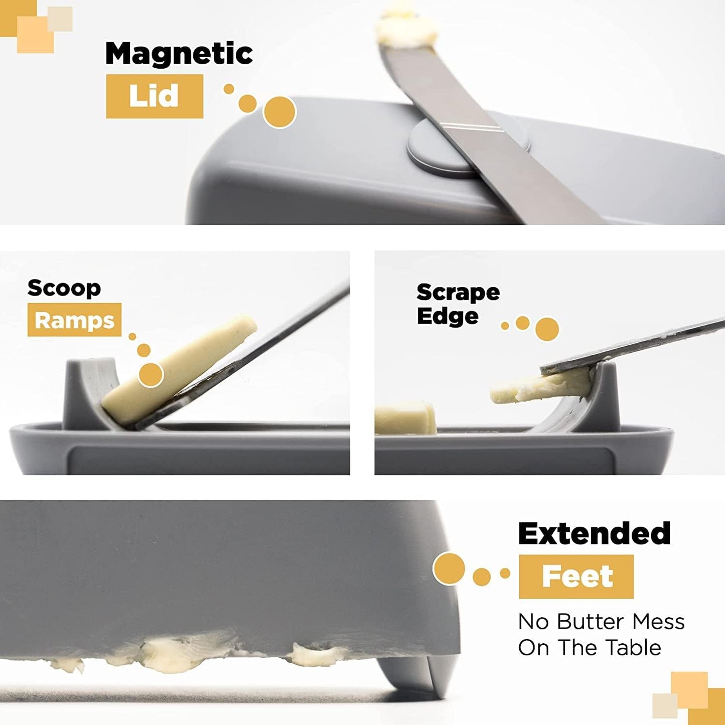 Butter Hub Extra Large Butter Dish with Lid and Knife, European Size Magnetic Butter Keeper, Easy Scoop, No Mess Lid, Plastic, Dishwasher Safe (Black)