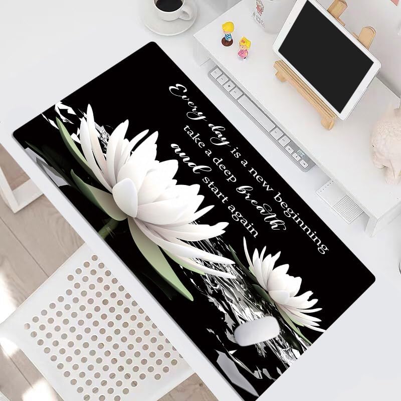 LB Black and White Floral Mouse Pad Plant Flower with Inspirational Quotes Large Mouse Pad for Desk Modern Aesthetic Desk Pad for Office and Home Non-Slip Rubber Base Mouse Mat 15.75L X 31.5W Inch