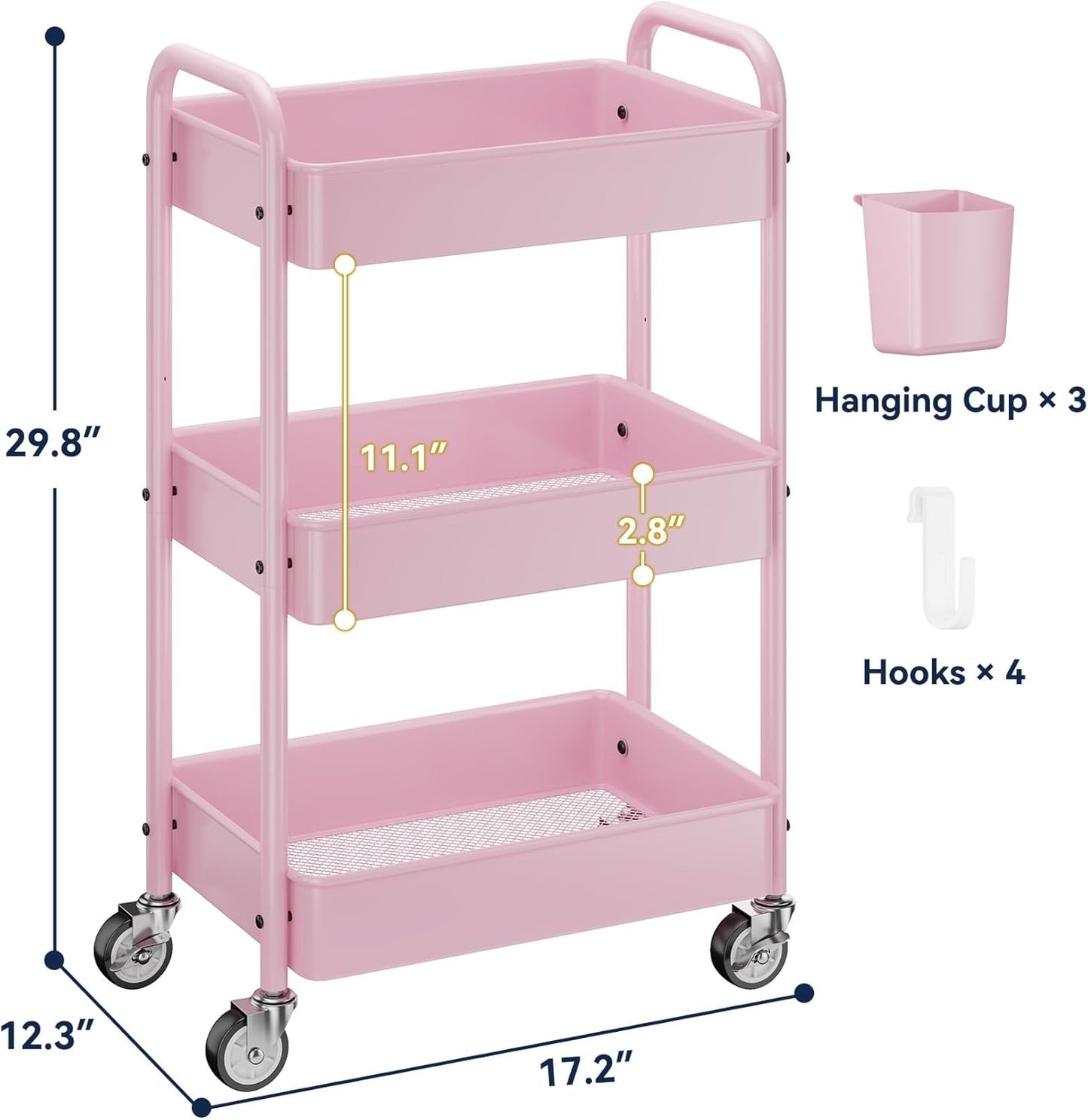 YASONIC 3-Tier Metal Rolling Cart, Heavy Duty Utility Cart with Lockable Wheels, Hanging Cups, Hooks, Mesh Rolling Storage Cart Craft Organizer, Lightweight and Sturdy, Pink