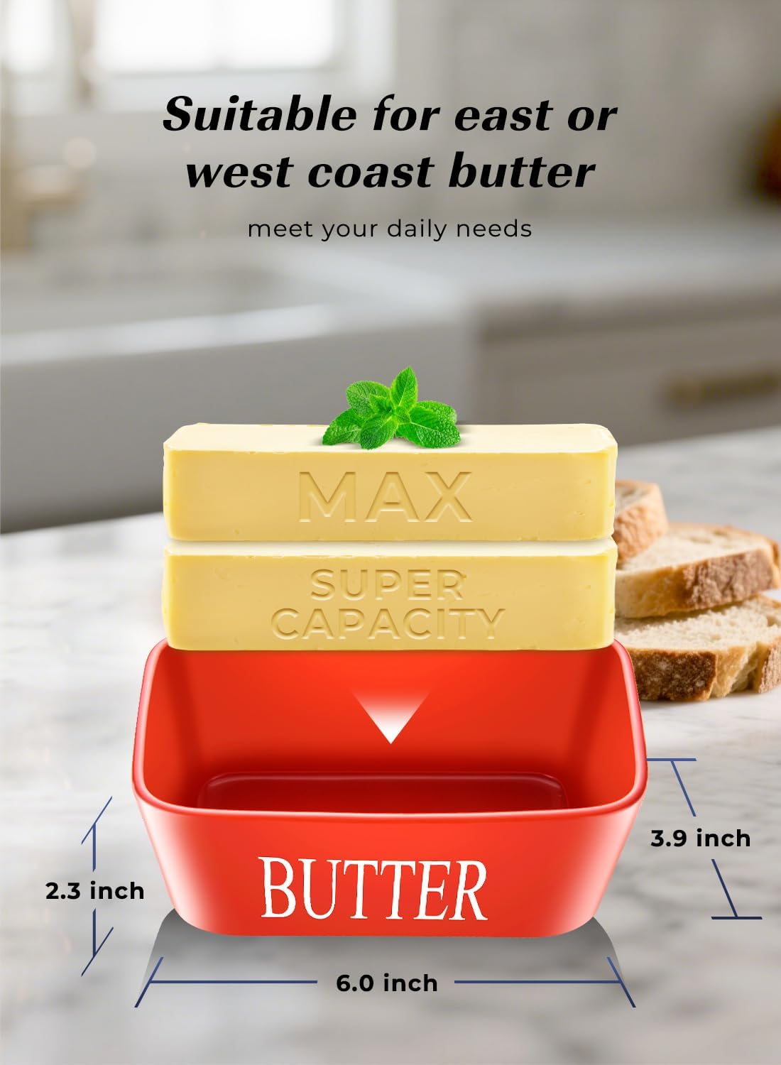 Butter Dish with Lid: Large Butter Container for Countertop - Ceramic Butter Holder for Counter - Butter Tray Butter Keeper with Knife and Sponge Scrubber - Perfect for 2 Sticks of Butter Red