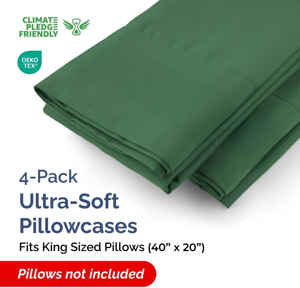 King Pillow Cases - 4 Pack - Super Soft Pillowcase Covers - Envelope Enclosure - Hotel Quality Pillow Protectors - Wrinkle Free, Shrink & Stain Resistant - Machine Washable - 20" x 40" (Emerald Green)