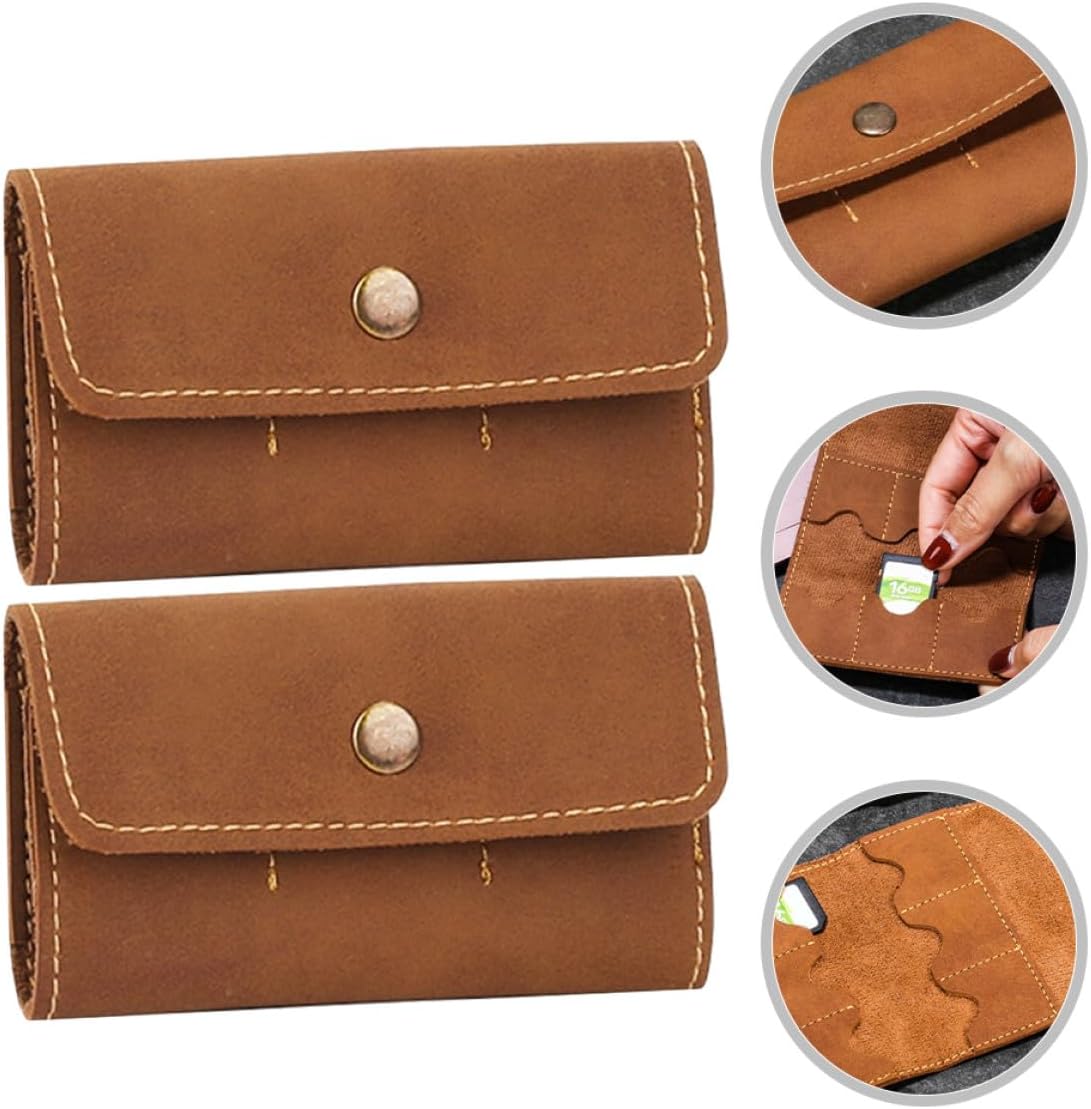 DOITOOL 2pcs Retro PU Memory Card Case Holder Organizer Secure Snap Closure Protective Storage Box for Cards Travel-Friendly Brown (2pcs)