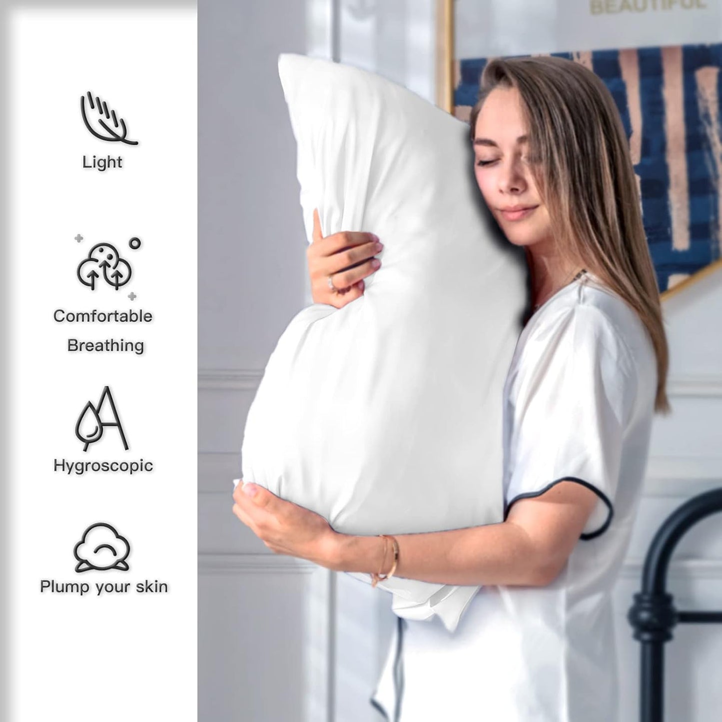 Mulberry Silk Pillowcase for Hair and Skin Pillow Case with Hidden Zipper Soft Breathable Smooth Cooling Silk Pillow Covers for Sleeping (White, King（20"X 36"）)