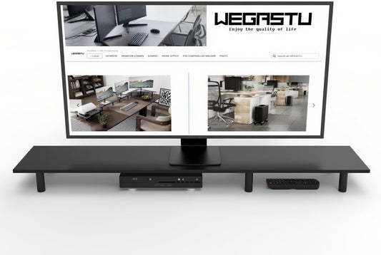 Large Dual Monitor Stand Riser 43.3IN， Home Office Storage For Desk Accessories，Solid Wod Desk With Adjustable Legs For computer/PC/Laptop/Printer/Container/dressing table (Black)
