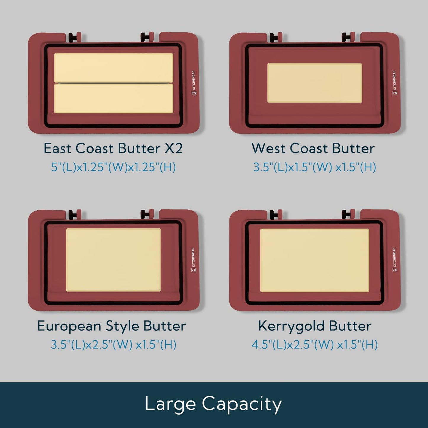 KITCHENDAO Airtight Flip-Top Butter Dish with Lid for Countertop and Refrigerator, Butter Keeper, Plastic Butter Holder Tray for 2 Sticks East Coast/West Coast/European Style/ Kerrygold Butter (Red)