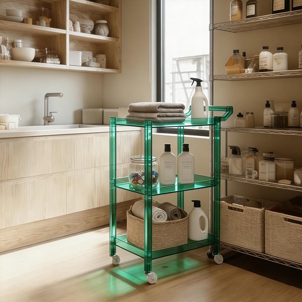 Acrylic Utility Rolling Cart, 3-Tier Clear Acrylic Storage Cart with Pulling Handle & 4 Wheels for Kitchen Living Room Dining Bathroom Laundry, Multifunction Serving Trolley for Small Spaces(Green)
