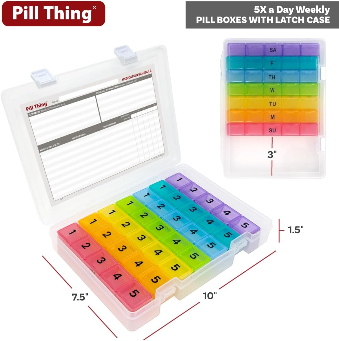 5 Times a Day Weekly Pill Box Organizer Case, Secure 7 Day Pillbox with Medication Schedule (5 Time-a-Day)