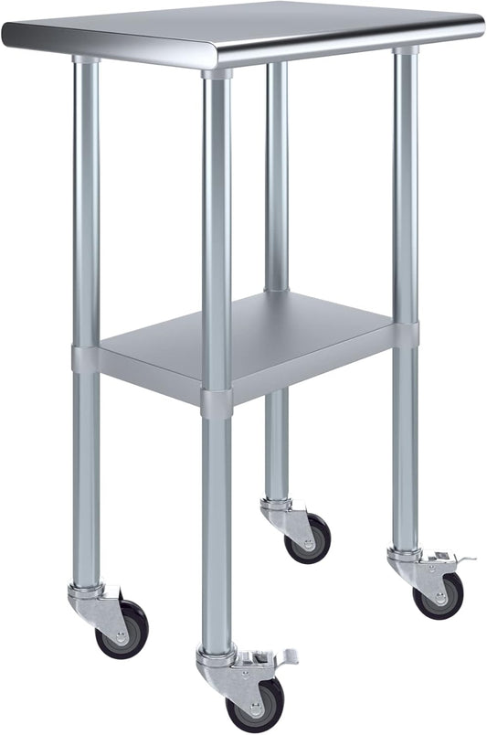 AmGood 18" x 24" Stainless Steel Work Table with Casters | Heavy Duty Metal Utility Table On Wheels | Kitchen Island Cart