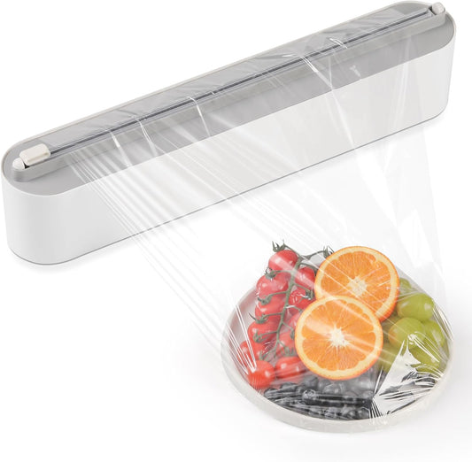 Aluminum Foil & Plastic Wrap Dispenser with Slide Cutter - Magnetic & No-Drill Wall Mount, Cling Film Dispenser for Worktops & Cabinets, Space-Saving Kitchen Organizer - Fits 12" Rolls, White