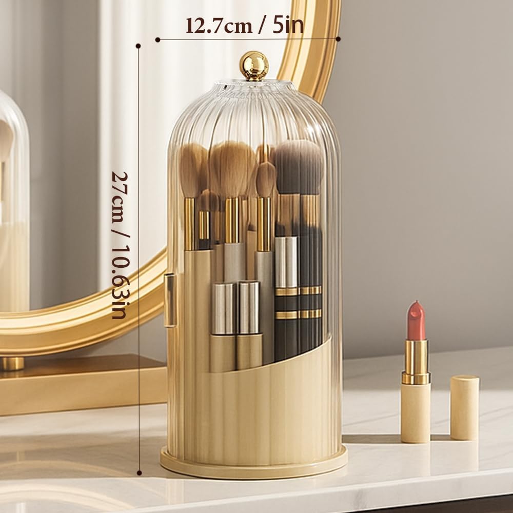 Covered 360° Rotating Makeup Brush Holder, Makeup Organizers with Lid, Clear Cover Brush Holder with Transparent Door Lid for Desktop, No Dust Toothbrush Holders for Vanity and Bath (Clear white)