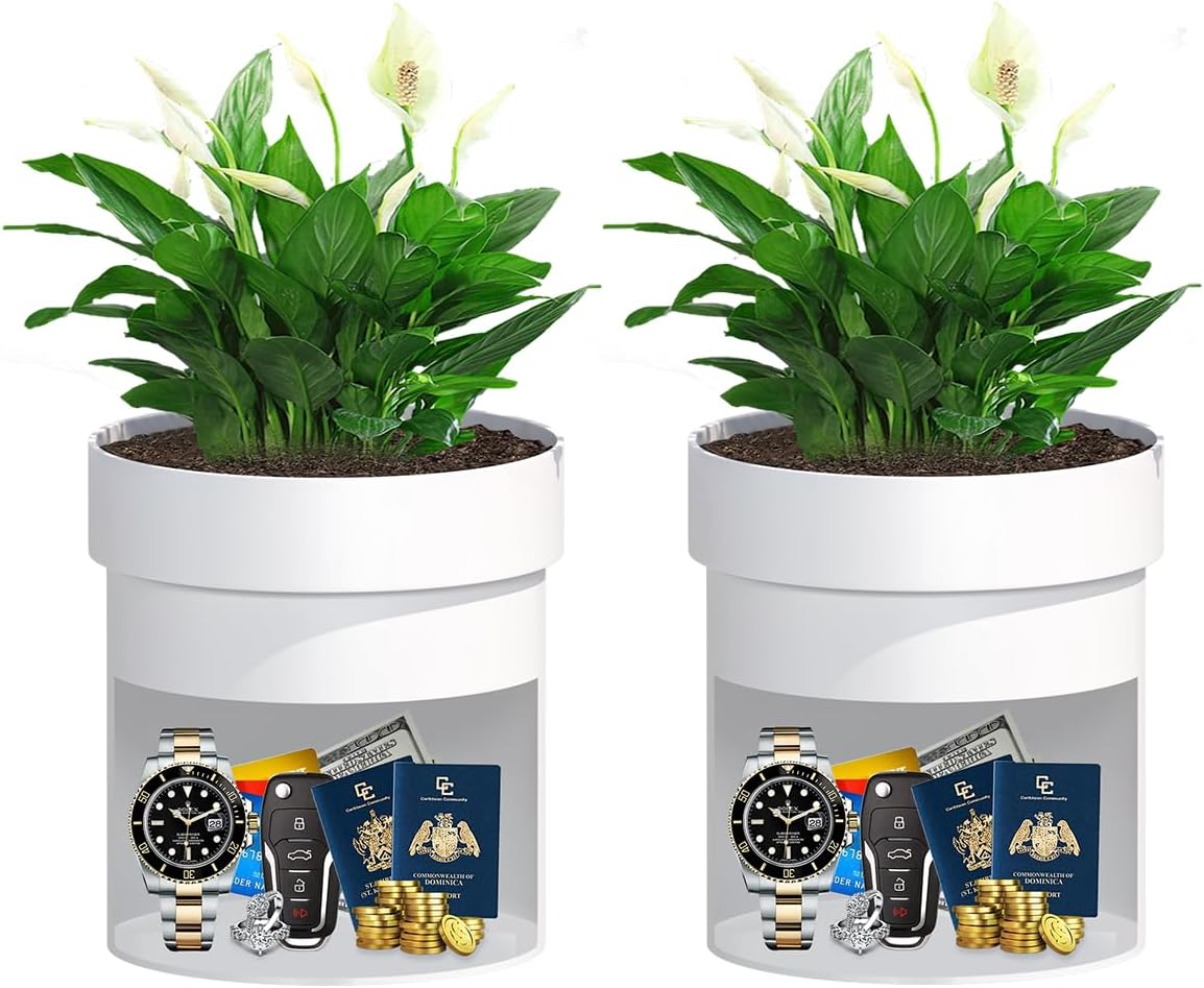 Sdstone Fireresistant Waterproof Flower Pot Diversion Safe with key Locks,Stainless Steel Secret Hidden Safe,Perfect for Hiding The Valuables Inside (Black) Plants Not Include 2pack