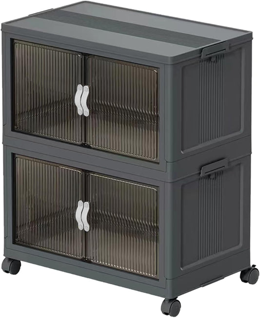Stackable Storage Bins,Plastic Storage Bins with Lid and Wheels, Collapsible Storage Containers with Magnetic Doors, Foldable Storage Boxes for Home, Pantry, Office (L, Gray 2-Tier)
