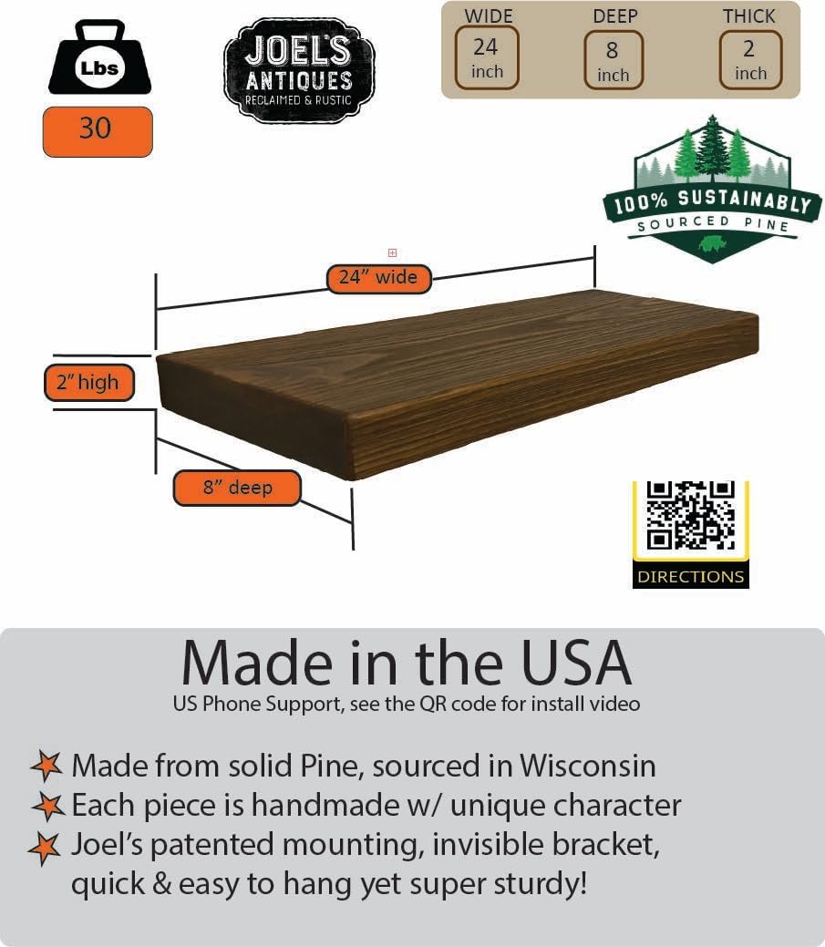 joelsantiques 24 Inch Wooden Floating Shelves for Wall - 24x8x2 in - Made of Natural Wood - Heavy Duty Rustic Wall Shelves for Bedroom - Perfect for Living Room, Kitchen - Medium Brown