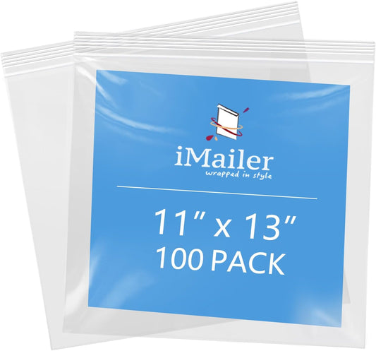 iMailer- 11" x 13" 100 Pack- 2 Mil Resealable Zip Bags- Clear Plastic Bags with Zip Top Lock for Storage, Organizing, Crafts, Travel