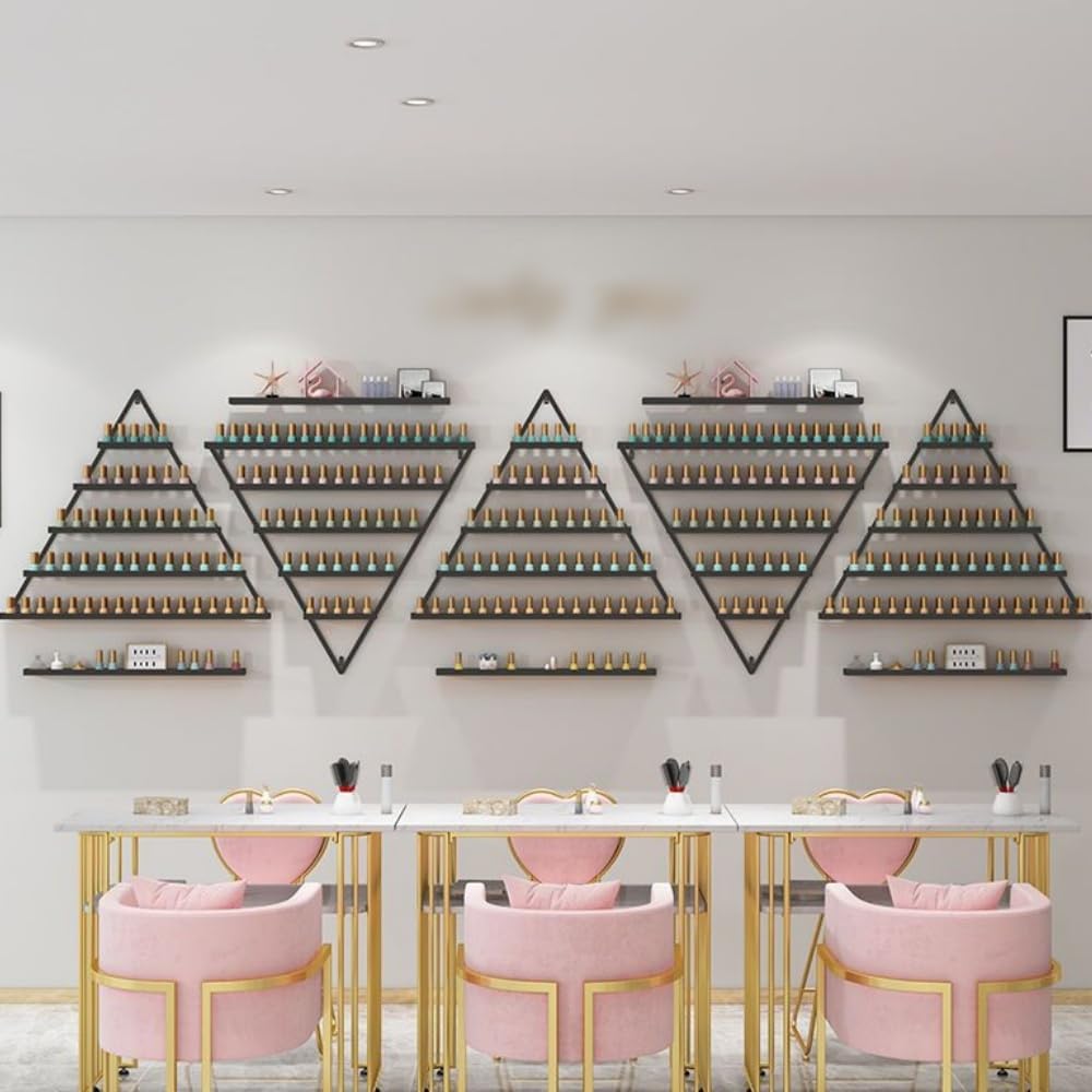 Elegant Wall Mounted Nail Polish Storage Rack Set of 10 Triangular Cosmetic Display Shelves for Essential Oil Bottles, Organize Your Lipsticks and Perfumes in Style at Home or Salon (Black)