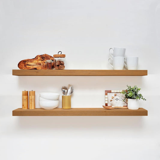 Homeforia 42 inch Golden Oak Floating Shelf, High End Solid Real Wood 42inch Small Floating Shelves for Wall Mounted, Oak Wooden 42in Floating Shelves, Heavy Duty Bracket, 42 X 6.5 X 1.75 in, Set of 3