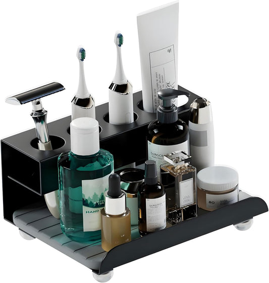 Quick Dry Electric Toothbrush Holder 4 Slots Metal Bathroom Counter Organizer for Toothpaste Razor Mouthwash, Black