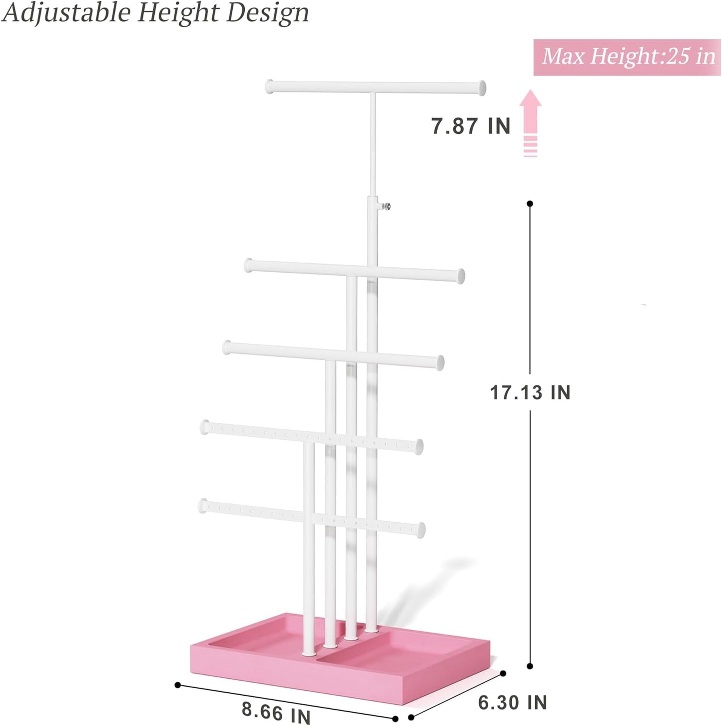 Love-KANKEI Jewelry Organizer Stand, 5 Tier Large Necklace Holder with Wood Base, Jewelry holder stand Tree for Display, Bracelets Earrings Rings, Height Adjustable Gift Pink and White