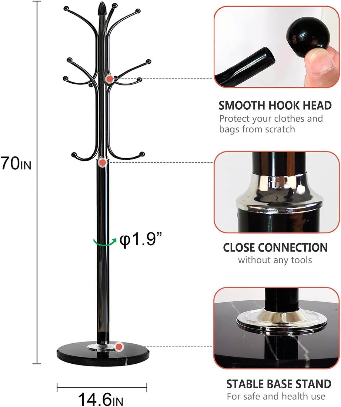 Kertnic Metal Coat Rack Stand with Natural Marble Base, Free Standing Hall Tree with 12 Hooks for Hanging Scarf, Bag, Jacket, Home Entry-way Hat Hanger Organizer (Black)