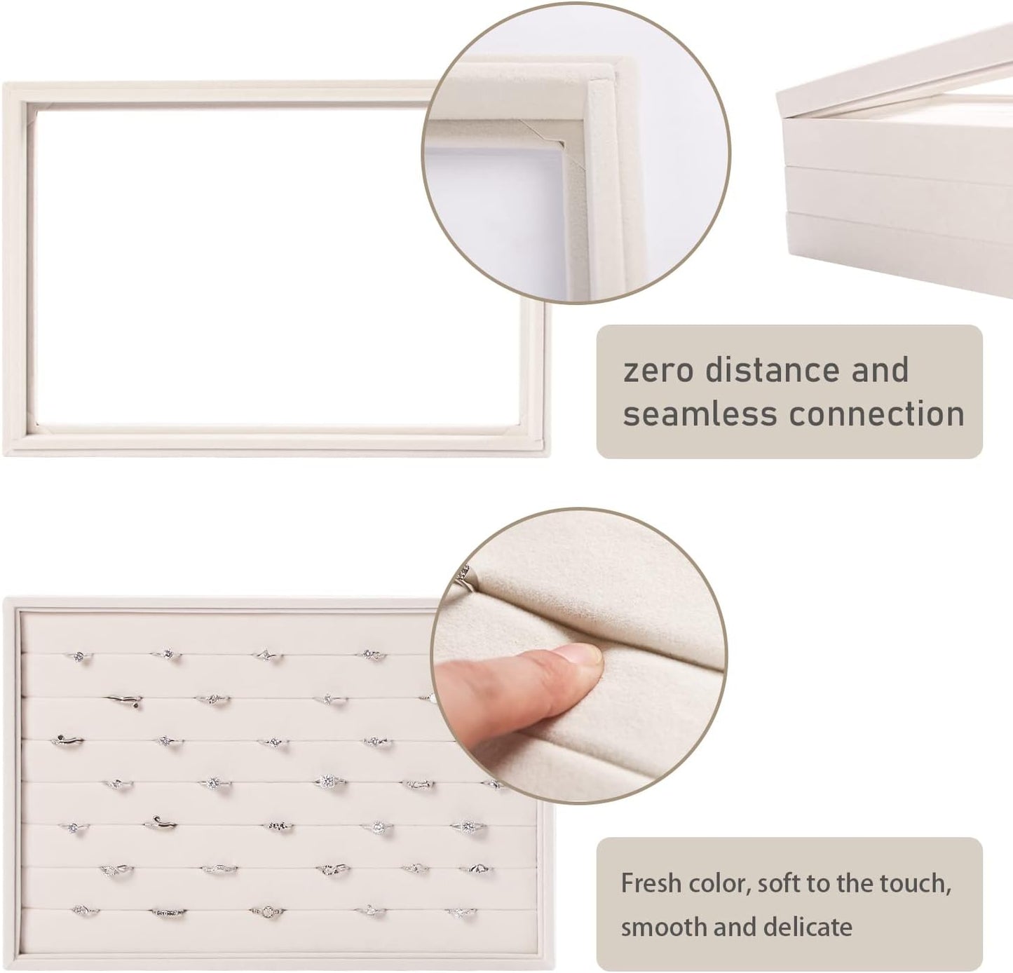 Coward Stackable Jewelry Trays Organizer Set with Clear Lid, Trays for Drawer, Earring Necklace Bracelet Ring Display Organizer (beige(ring+12girds+30girds+The glass lid))
