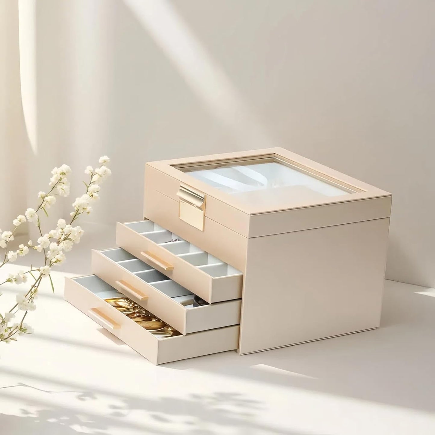 BOOVO Clear Lid Jewelry Box,4 Layers Jewelry Organizer Large Jewelry Storage Box with 3 Drawers,Jewelry Holder Organzier of Rings Earrings Necklace Bracelets for Women (Champagne, 4 Layer)