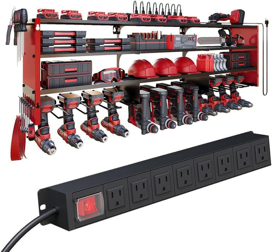 4 Layers Power Tool Organizer Wall Mount with Power Strip, Heavy Duty Metal Tool Shelf, 400lbs Capacity for Cordless Drills, Batteries & Garage Storage (12 Slots with 8 Outlets Power Strip)