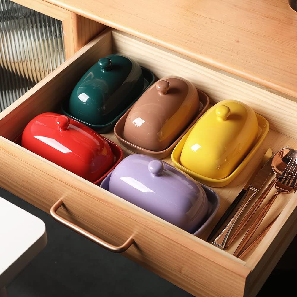 Sweejar Ceramic Butter Dish with Lid for Countertop,Porcelain Butter Keeper with Knob Handle,Butter Container for East/West Coast Butter, 7.1*3.7 inches (Red)