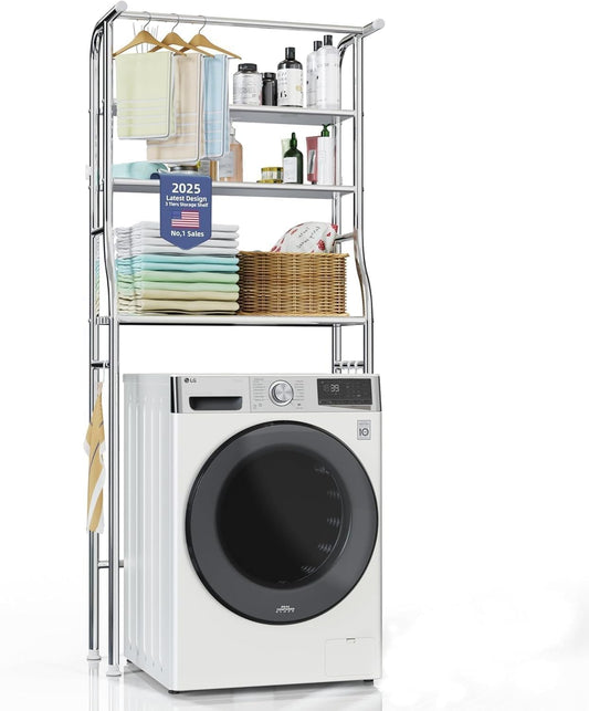 Over The Washer and Dryer Storage Shelf, 3 Tier Laundry Room Metal Drying Rack with Towels Hangers, Space Saver Organizer for Hanging Clothes and Towels (Stainless Steel RA1)