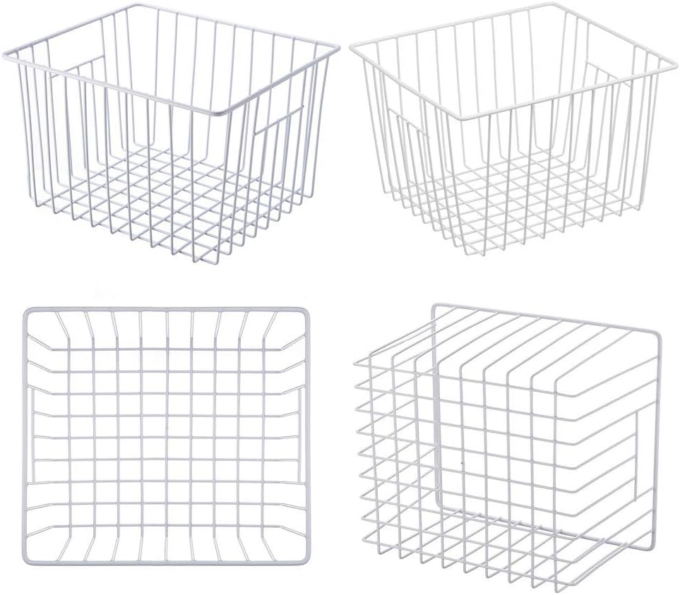 Freezer Wire Baskets, Kitchen Storage Organizer Bins for Chest and Upright Freezer, Refrigerator Dividers Containers with Handles - Pearl White (4)